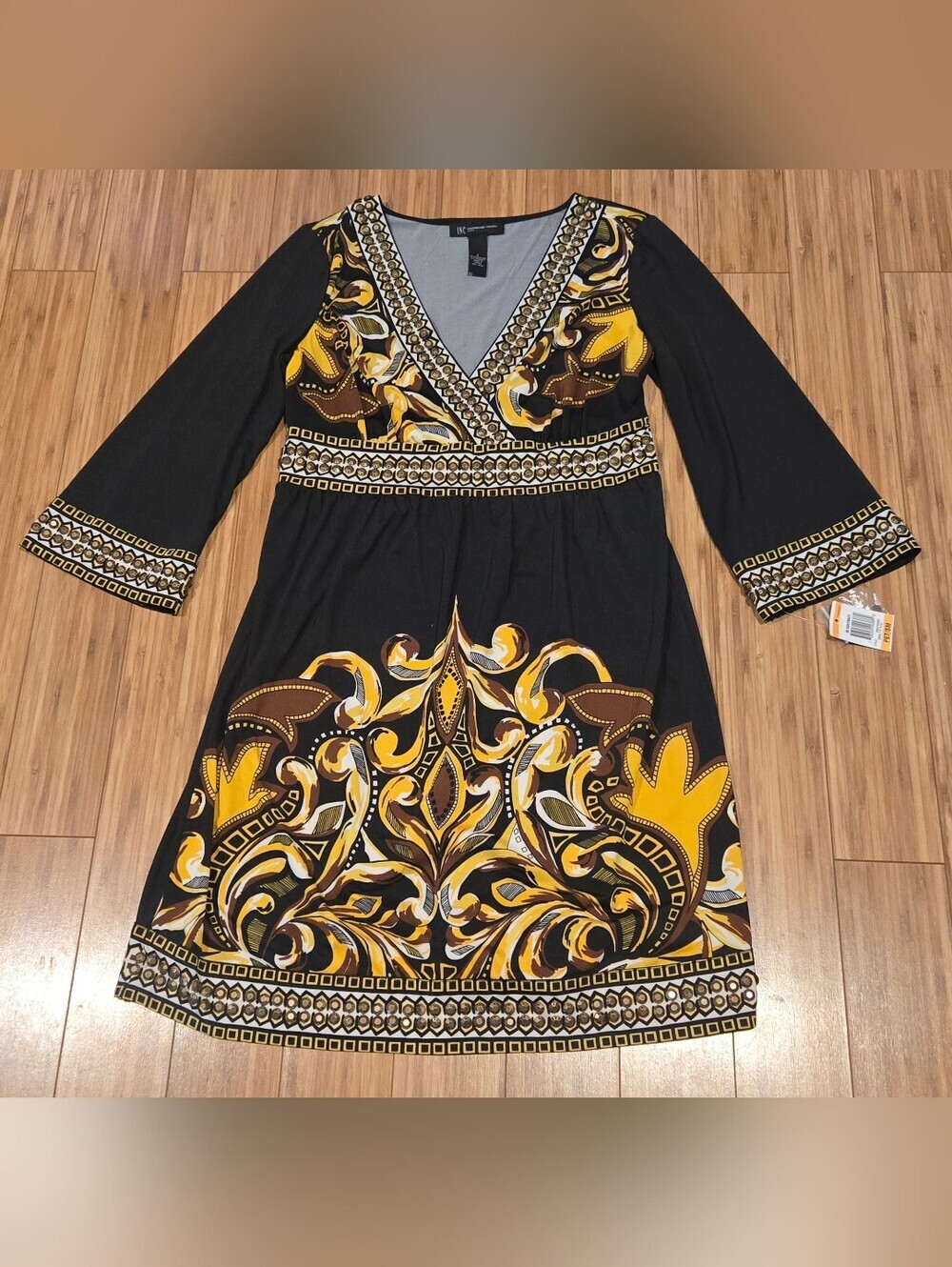 NWT INC International Concepts Women's Black & Yellow Long Sleeve V-Neck Dress